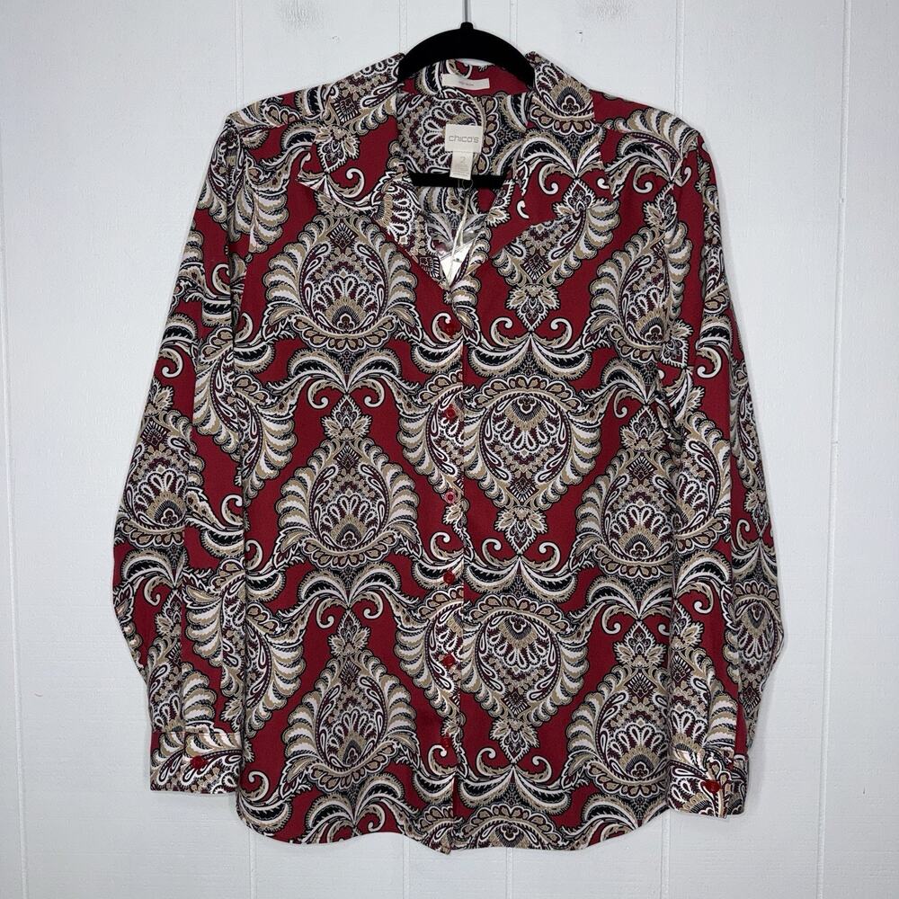 Chico’s Women’s No Iron Effortless Marvelous Mix Rita Shirt Paisley Red 2, L NWT